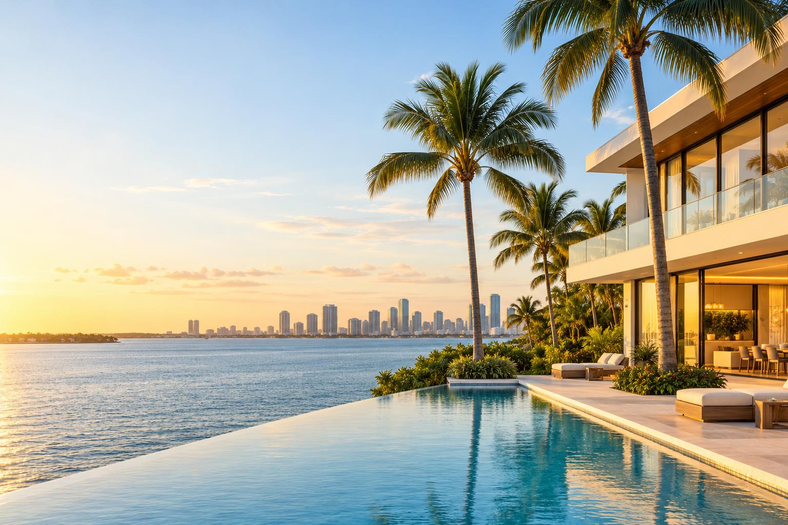 Waterfront home with palm trees